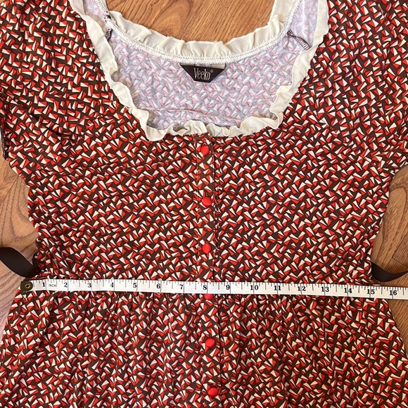 Veeko shape pattern red and brown belted dress Small - Picture 9 of 12